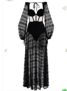 PatBO Black Crochet Maxi Dress with Puff Sleeves
